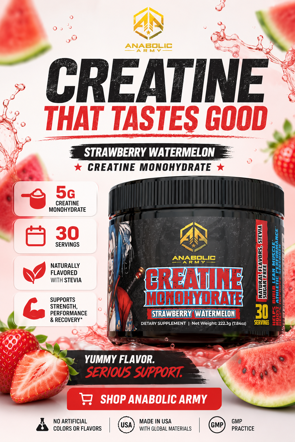 Creatine Monohydrate - All Natural, Micro-Ionized for Maximum Absorption | Strawberry Watermelon
