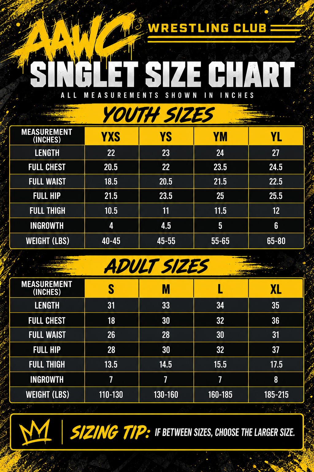 AAWC Wrestling Club singlet size chart – youth and adult sizing