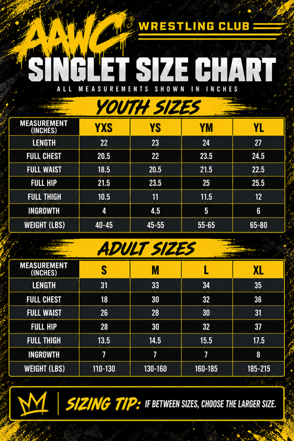 AAWC Wrestling Club singlet size chart – youth and adult sizing