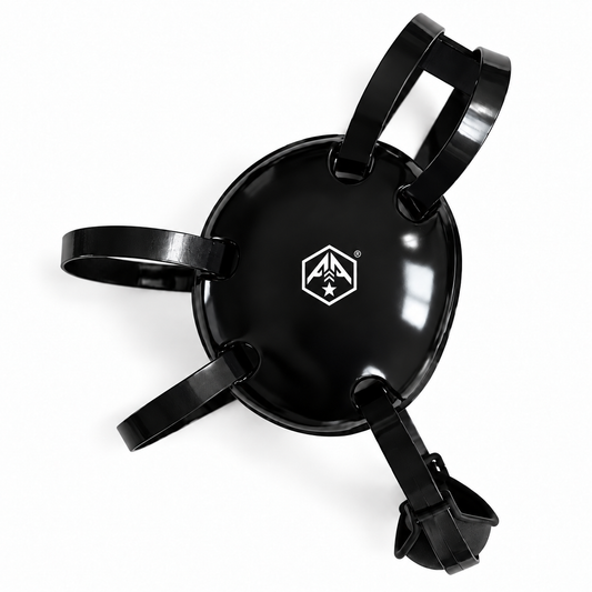 Anabolic Army black adjustable wrestling headgear with white AA hex logo on a white background